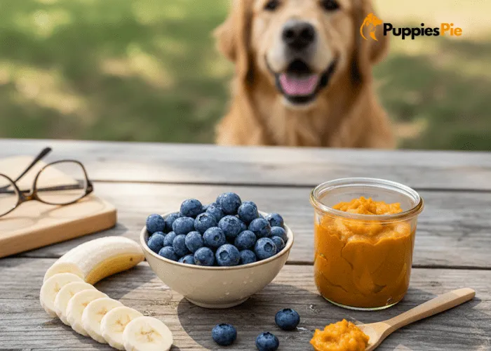 Frozen Yogurt Dog Popsicles: A Cool Treat for Your Pup 2 A selection of dog-safe fruits and veggies including blueberries, banana slices, and pure pumpkin puree, ready to be added to a homemade dog treat.
