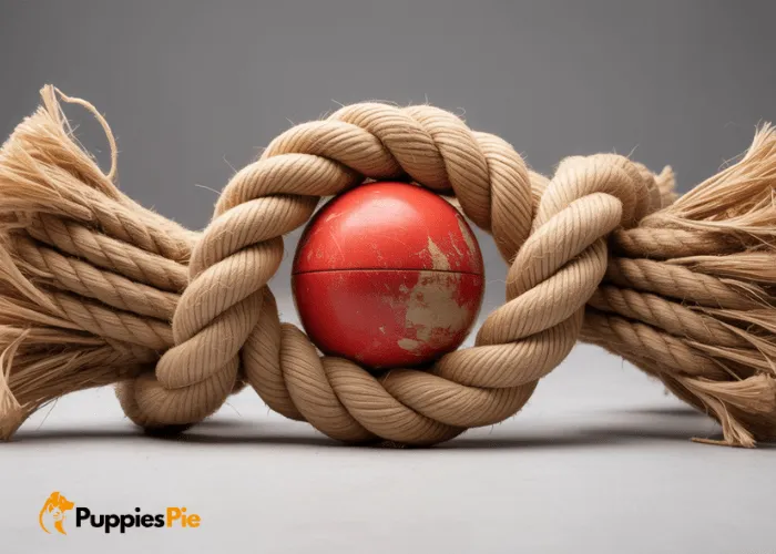 A hand holding a sturdy rubber dog toy, ready to be incorporated into a braided fabric toy, with various fabric strips blurred in the background.