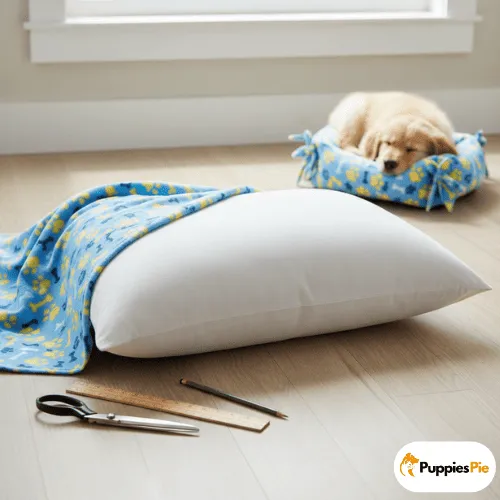 Make a DIY No-Sew Dog Bed from a Pillow 1
A puppy Golden Retriever sleeps peacefully in a small, blue and yellow paw-print fabric dog bed in the background. In the foreground, a large white pillow is partially covered by a matching blue and yellow fleece blanket, next to a pair of scissors, a wooden ruler, and a pencil, suggesting a DIY project.