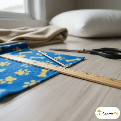Make a DIY No-Sew Dog Bed from a Pillow 4 A close-up of a DIY project for a dog bed on a light wooden floor, showing a piece of blue fleece fabric with yellow paw prints and bone patterns being measured with a wooden ruler and marked with a pencil. Black-handled scissors and a tan fleece blanket are visible in the background, along with a white pillow.