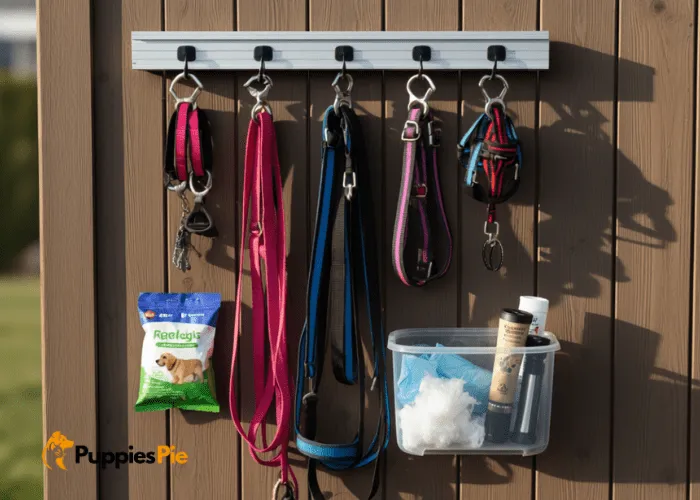 Create a Dog Walking Station at Home 6 Completed dog walking station with leashes, harnesses, treats, poop bags, and extra items like paw balm and flashlight neatly organized.