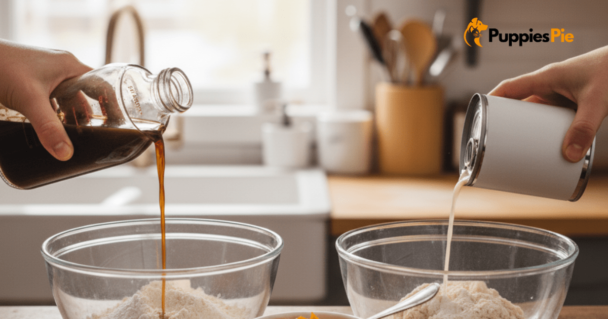 Hands pouring beef or chicken broth into a bowl of dry ingredients, with a separate bowl of pumpkin puree, illustrating options for enhancing flavor and nutrition in dog treats