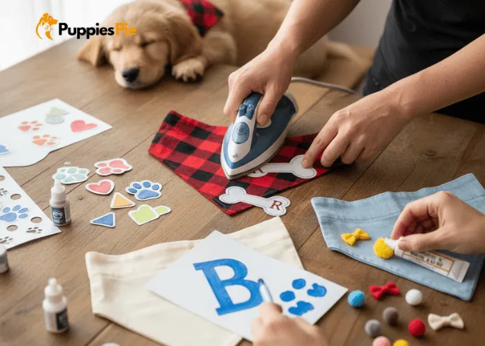 Decoration options for a no-sew dog bandana: iron-on decals, pet-safe fabric paint designs, and securely glued lightweight accents like bows or pom-poms.