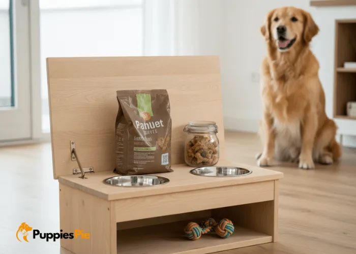Feeding station with a hinged lid and built-in storage compartment underneath for storing dog food, treats, and toys.
