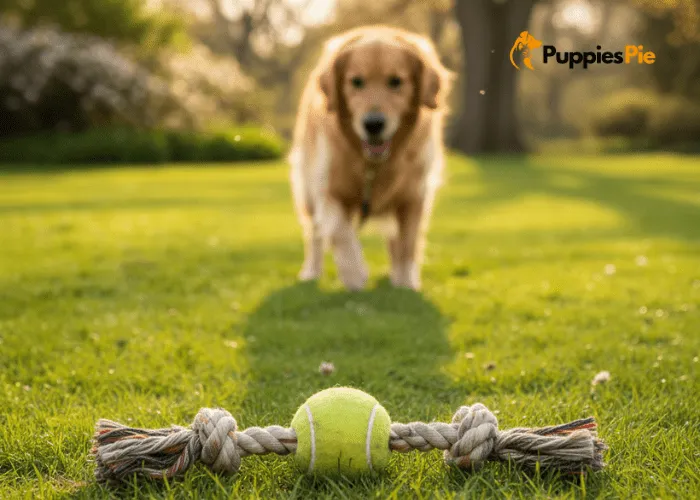 A thick rope threaded through a bright yellow tennis ball, with secure knots on either side holding the ball in place, ready to be a new dog toy.
