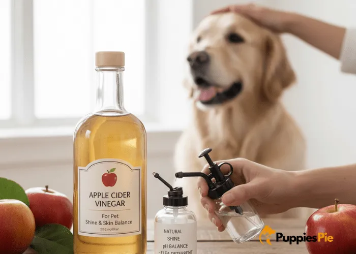 Bottle of apple cider vinegar used in natural dog shampoo to balance skin pH, repel fleas and ticks, and enhance coat shine.