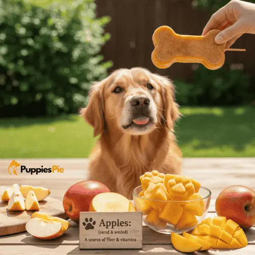 A Golden Retriever sitting outdoors, licking its nose and looking up at a person's hand holding a bone-shaped, apple-flavored frozen treat on a stick. On the wooden table in the foreground are apple slices, whole apples, a bowl of yellow, paw-shaped frozen treats, mango slices, and a small sign that reads: "Apples: (cored & seeded) A source of fiber & vitamins."