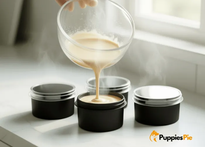 Dog Paw Balm DIY: A Safe & Edible Recipe 6 Person applying homemade paw balm to a dog’s paw pads, with extra tins stored nearby for future use.