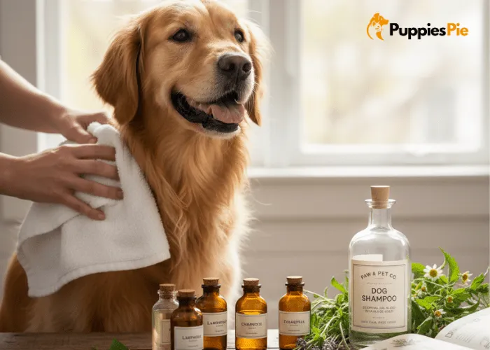 Natural dog shampoo made with safe, diluted essential oils, providing a gentle, clean scent without artificial fragrances — ideal for dogs with sensitive skin and strong sense of smell.