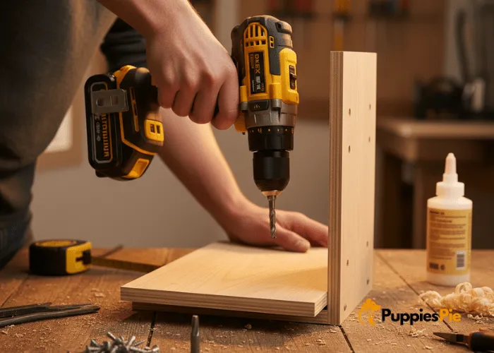 Assembling the feeding station using wood glue and screws—attaching side pieces to the bottom, securing the top, and adding the back piece with pre-drilled holes to prevent splitting.