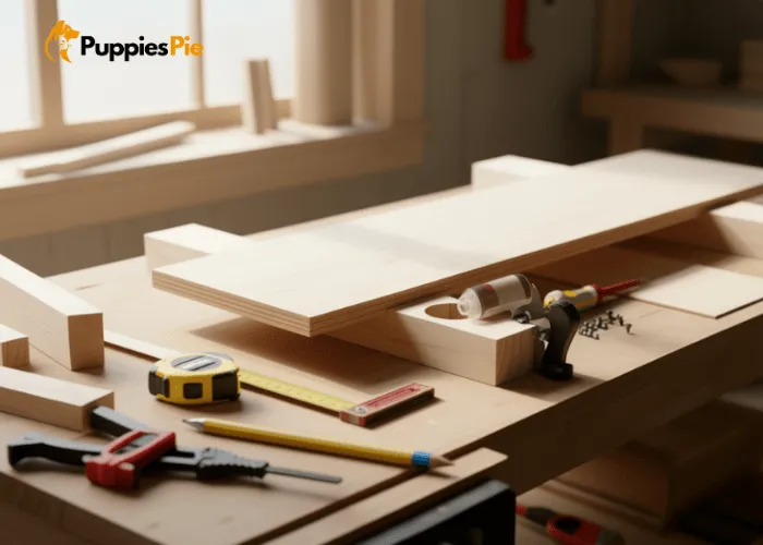 Custom Dog Bowl Stand DIY: A Step-by-Step Guide for You 4 Person assembling a wooden dog bowl stand by gluing and screwing the legs to the top piece, using clamps for stability during drying.