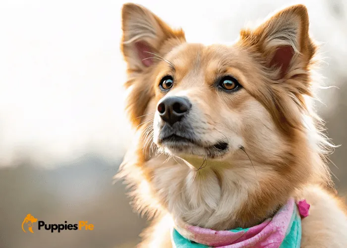 Cut the fabric into a triangle, trim the edges with pinking shears to prevent fraying, and slide the dog’s collar through the top channel to finish the no-sew bandana.