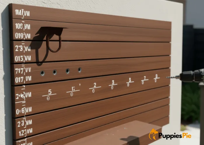 Create a Dog Walking Station at Home 3 Person marking and drilling pilot holes on a wooden plank to evenly space hooks for a DIY dog walking station.
