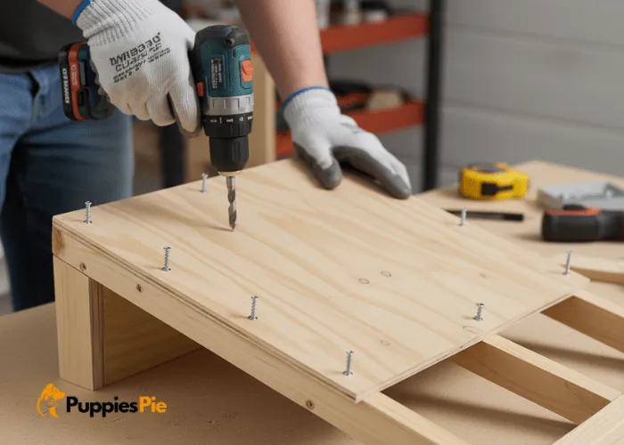 Build a Dog Ramp for Sofa/Bed 3 Attaching the plywood surface to the dog ramp frame using evenly spaced wood screws