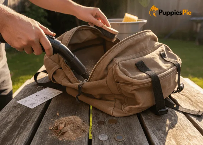 Person cleaning and washing an old backpack, preparing it to be repurposed into a DIY dog travel bag.