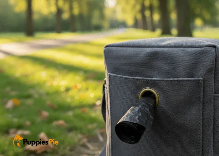 Close-up of a backpack pocket modified with a small grommet to easily dispense dog poop bags for convenient use during walks.