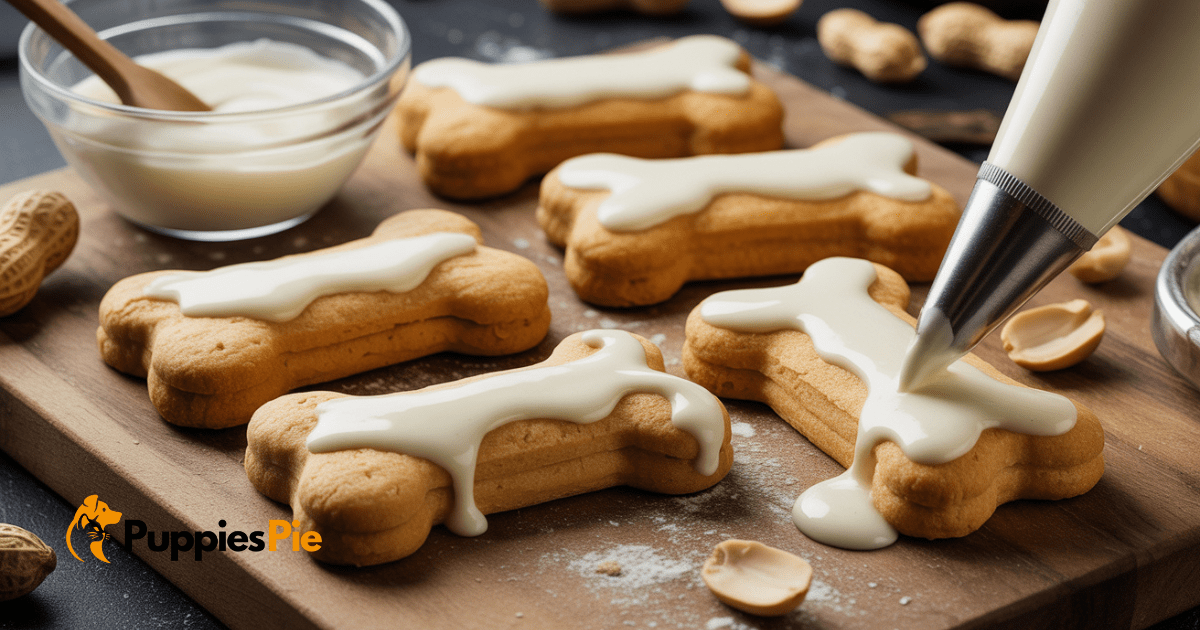 A baking sheet filled with golden-brown, firm dog biscuits, freshly pulled from an oven and cooling on a wire rack, with a hint of a warm kitchen background.