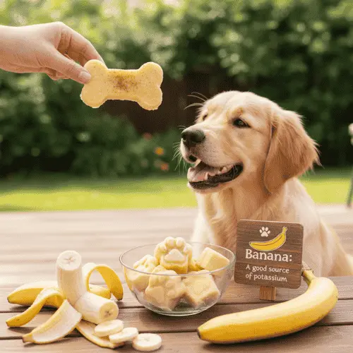 A Golden Retriever sitting outdoors, looking up eagerly as a person's hand holds a bone-shaped, banana-flavored treat above a wooden table. The table holds a peeled banana, sliced banana pieces, a whole banana, a bowl of frozen banana treats, and a sign that reads: "Banana: A good source of potassium."