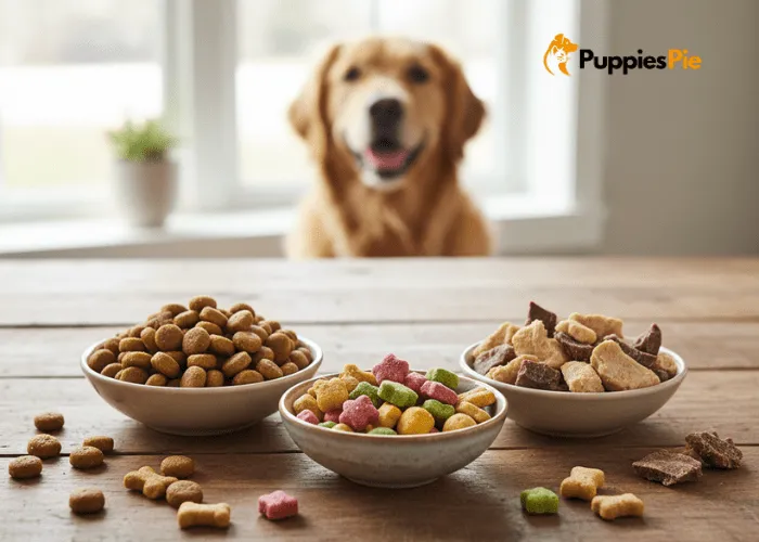 Dog-safe filler options for a cardboard puzzle feeder: dry kibble, small crunchy treats, and freeze-dried meat pieces.