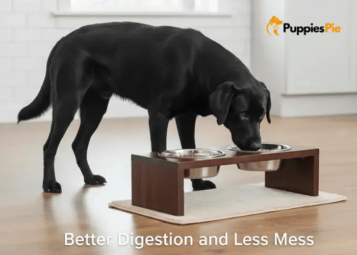 A black Labrador retriever eating from an elevated, dark-wood feeding stand with two stainless steel bowls, sitting on a mat on a hardwood floor.
