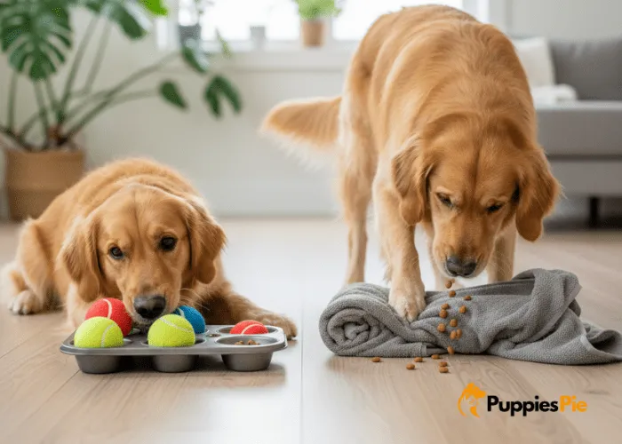 Two DIY dog enrichment games: a muffin tin filled with kibble covered by toys, and a towel roll-up with hidden kibble for sniffing and unrolling.
