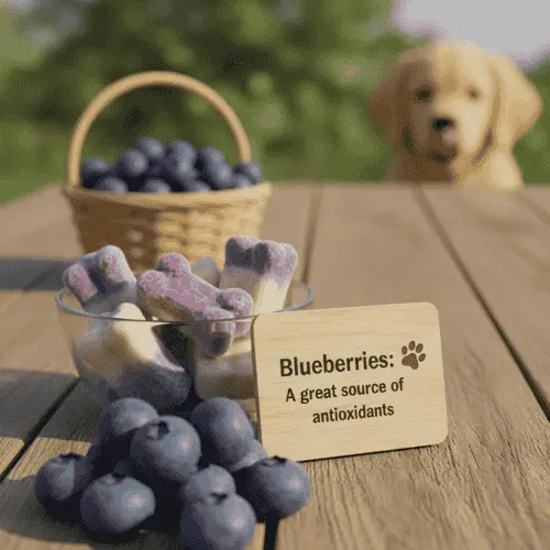 A Golden Retriever puppy peeking up from behind a wooden table. In the foreground, there's a small glass bowl filled with bone-shaped, blueberry-flavored frozen dog treats, a pile of fresh blueberries, and a small wooden sign that reads: "Blueberries: A great source of antioxidants." A woven basket full of blueberries is also visible in the background.