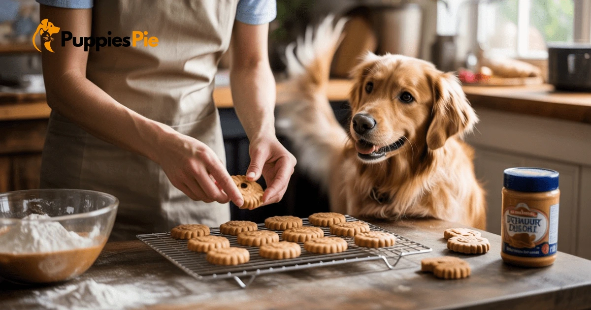 A woman happily feeds a homemade peanut butter dog biscuit to her Golden Retriever in a warm kitchen, reinforcing their special bond.