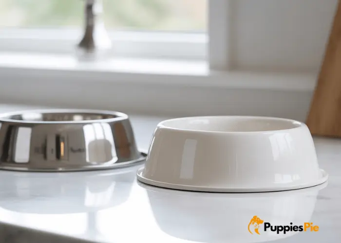 A pair of gleaming stainless steel dog bowls, one for food and one for water, sitting on a clean surface, emphasizing their quality and hygiene.