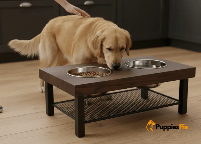 Placing stainless steel bowls into the finished wooden feeding station after the sealer has dried, ready for your dog to use.