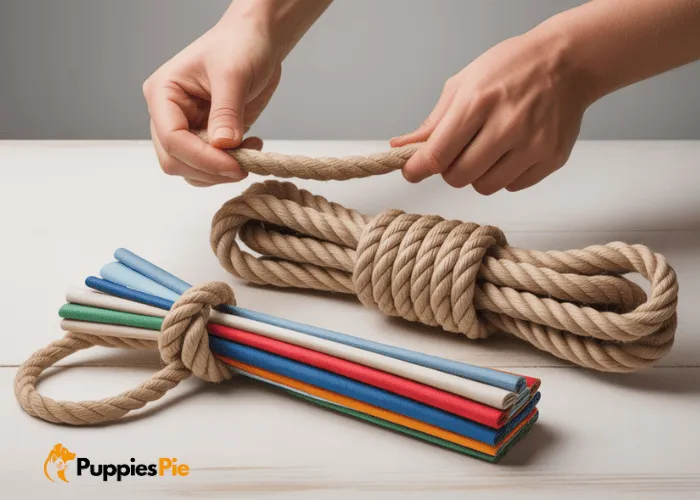 A close-up shot of hands tying a knot in three fabric strips, creating the beginning of a braided dog toy with a small loop for a handle.