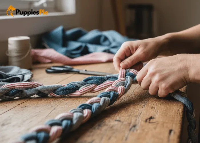 Recycled Jeans Dog Toy: A DIY Craft 6 Hands tightly braiding denim strips into a durable DIY dog toy for stronger play.