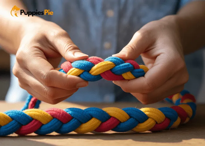 Hands actively braiding three strips of colorful fabric together, forming a tight and even braid for a homemade dog toy, with more fabric strips visible in the background.
