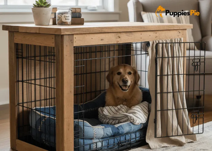DIY Dog Crate Makeover on a Budget 3 Various upcycled materials like old blankets, decorative fabric scraps, and small pieces of wood neatly arranged on a work surface, illustrating budget-friendly options for a DIY dog crate makeover.
