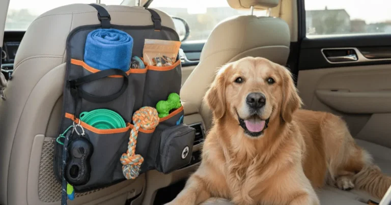 A car organizer filled with dog essentials like treats, toys, and travel supplies neatly stored for easy access.