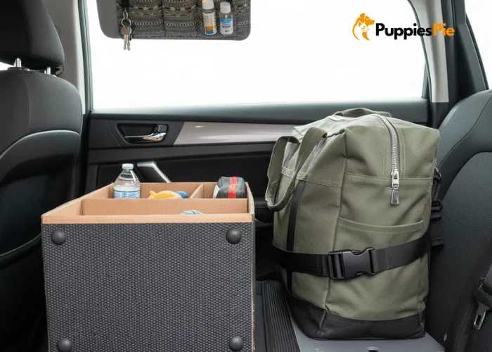 Ultimate Car Organizer for Dog Essentials 4 DIY dog travel organizers including a divided storage box, a seat-secured tote bag, and a pocket visor for quick-access items.