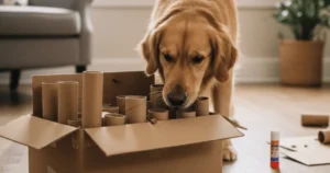 About Us 8 A homemade cardboard puzzle feeder filled with dog treats, designed to keep dogs mentally stimulated and engaged.