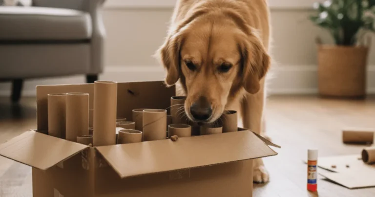 A homemade cardboard puzzle feeder filled with dog treats, designed to keep dogs mentally stimulated and engaged.