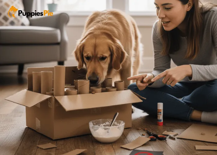 Safety tips for using a cardboard puzzle feeder for dogs, including supervision, clean materials, non-toxic adhesives, knowing your dog’s chewing behavior, and checking for sharp or damaged edges.