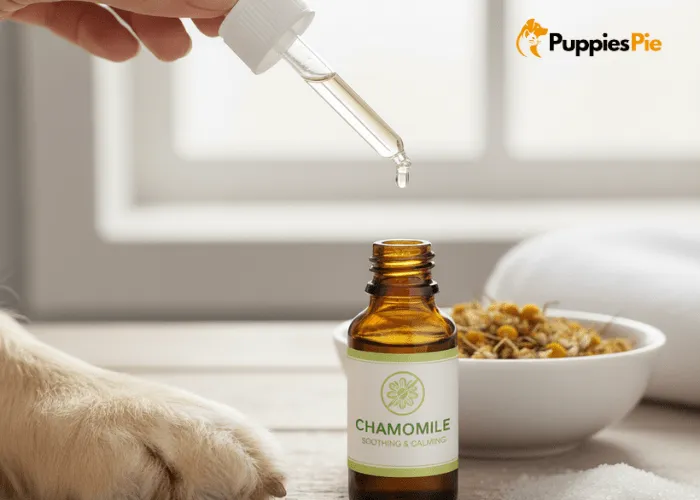 Small bottle of chamomile essential oil used in dog shampoo to calm and soothe irritated or sensitive skin.