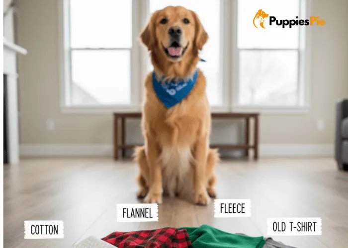 Different no-sew dog bandana fabrics including cotton prints, soft flannel, thick fleece, and repurposed clothing materials.