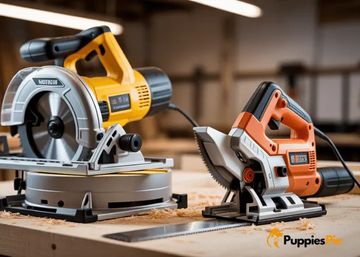 A powerful circular saw resting on a workbench next to a piece of wood, with sawdust around, illustrating its use for precise cuts in woodworking.