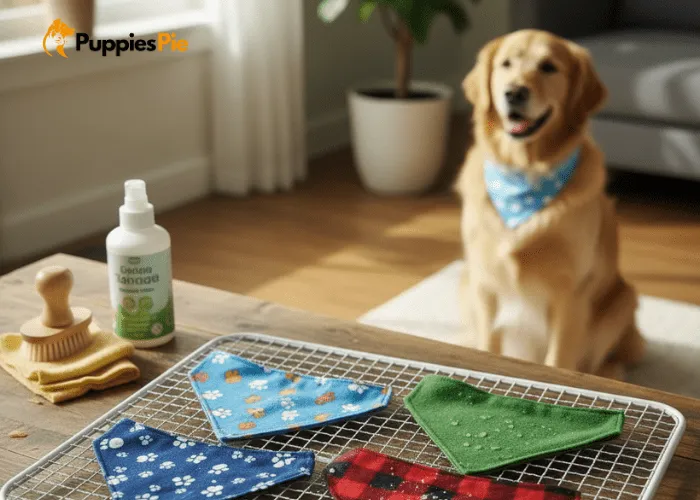 Cleaning guide for a no-sew dog bandana: spot clean small messes, wash gently in cold water if needed, and always air dry flat to prevent fraying.