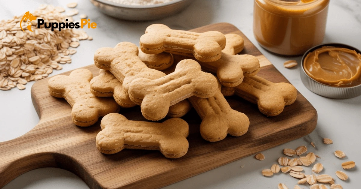 Wholesome ingredients like peanut butter and carrots arranged, showcasing the quality of homemade dog treats.