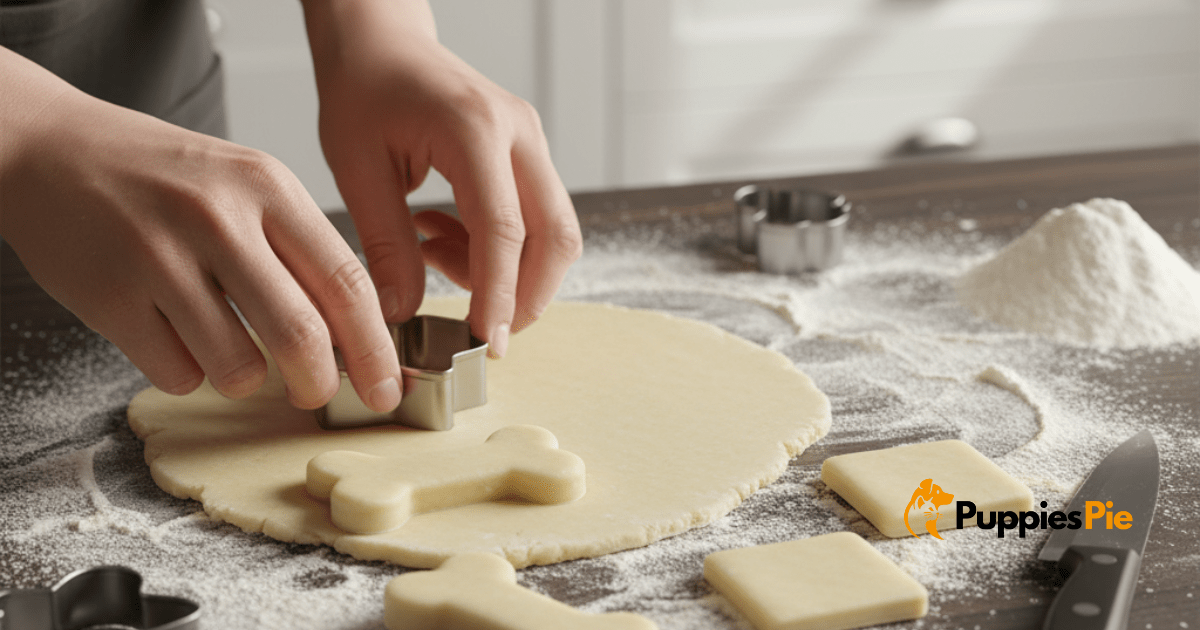 Cookie cutters in fun shapes like bones and paws, with simple square pieces cut using a knife.