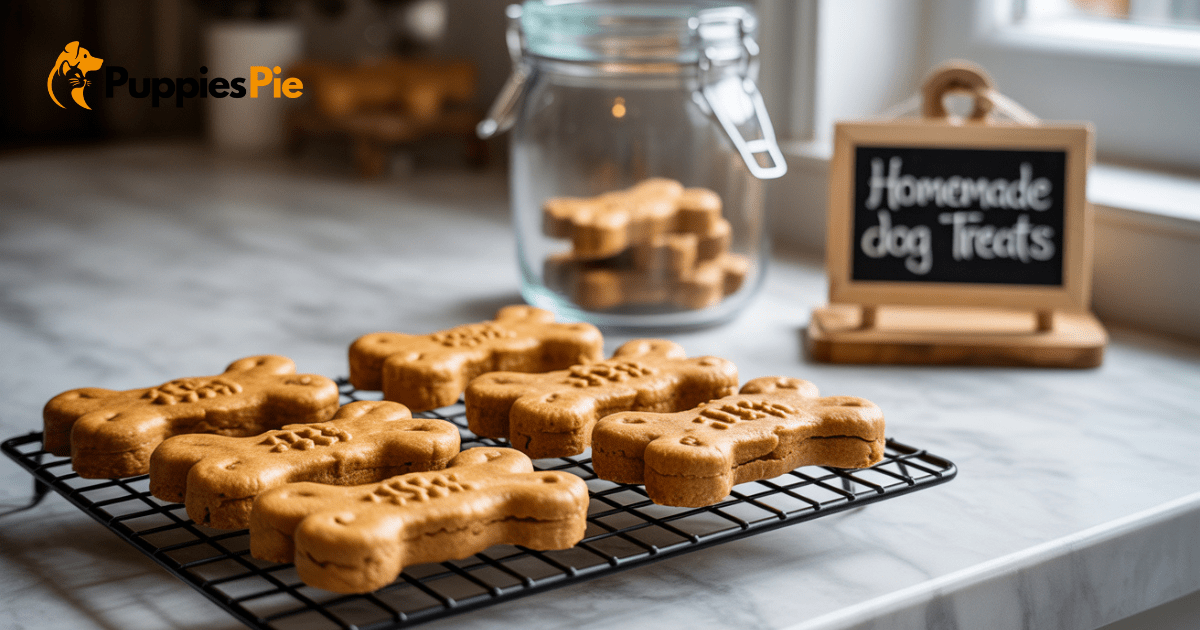 Freshly baked dog biscuits cooling on a wire rack on a kitchen counter, with an airtight storage container visible in the background, ready for storage.