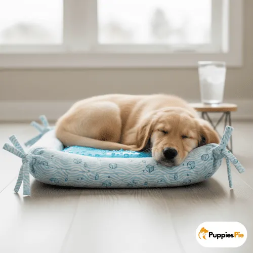 Make a DIY No-Sew Dog Bed from a Pillow 16
A Golden Retriever puppy is peacefully sleeping on a small, light blue dog bed with white patterns, which has a cooling gel pack or mat inserted into the center. The bed has tied fabric edges and sits on a wooden floor in front of a window. A glass of water is visible on a small table in the background.
