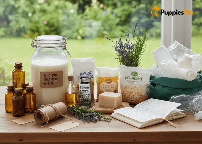 Homemade natural dog shampoo in reusable bottles, surrounded by eco-friendly ingredients, highlighting cost savings and reduced plastic waste for a sustainable pet care routine.