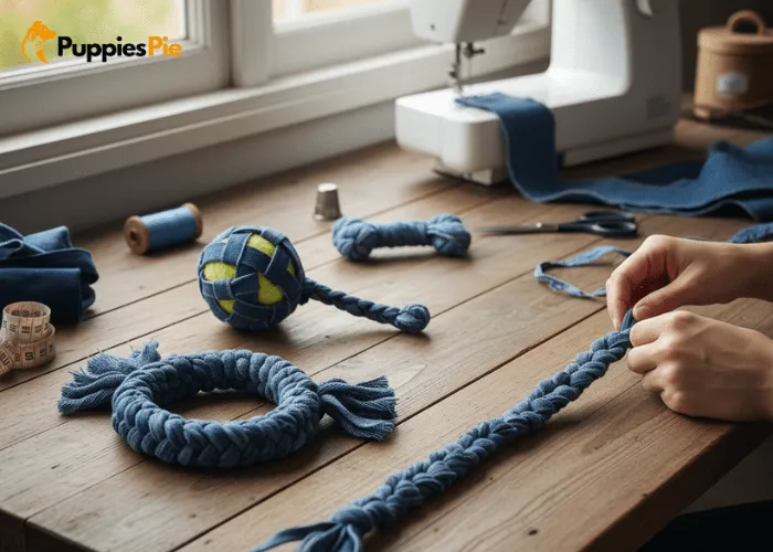 Recycled Jeans Dog Toy: A DIY Craft 8 DIY braided denim dog toy ring and tennis ball version for chewing and fetch play.