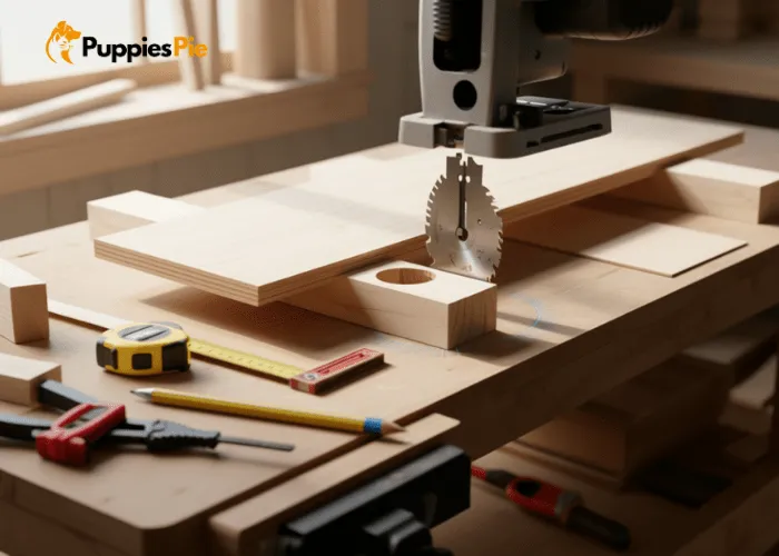 Custom Dog Bowl Stand DIY: A Step-by-Step Guide for You 3 Person using a jigsaw to cut circular openings in a wooden board for dog bowls, following traced lines for a custom dog bowl stand.