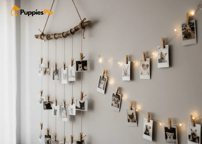 Creative photo hanging ideas: a decorative branch with clipped photos hanging in tiers, and string lights with photos attached for a warm, glowing display.